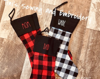 Personalized Embroidered Christmas Stocking: Red Buffalo Plaid Flannel