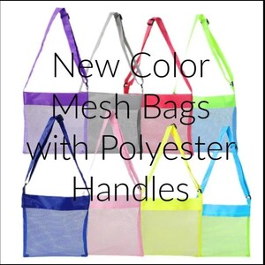 May include: A collection of colorful mesh bags with polyester handles. The bags come in various colors, including purple, gray, red, green, blue, pink, and yellow. The text on the image reads "New Color Mesh Bags with Polyester Handles."