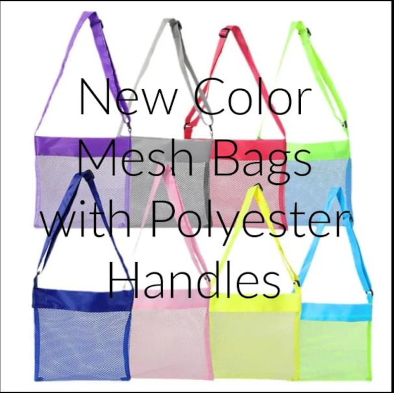 May include: A collection of colorful mesh bags with polyester handles. The bags come in various colors, including purple, gray, red, green, blue, pink, and yellow. The text on the image reads "New Color Mesh Bags with Polyester Handles."