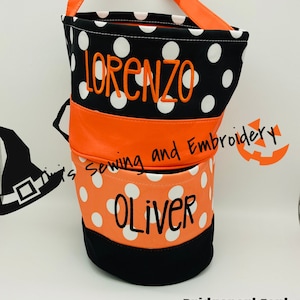 Personalized Embroidered Candy Bucket: Orange or Black Dot Trick or Treat Bag