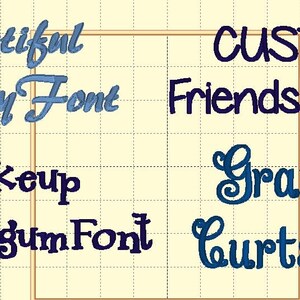 Może przedstawiać: Grafika przedstawiająca r&oacute;żne style czcionek z nazwami poszczeg&oacute;lnych czcionek. Czcionki to "Beautiful Berkeley Font", "Bubblegum Font", "CUSTOM FriendshipFont", "Grandma Curtsy Font" i "makeup".