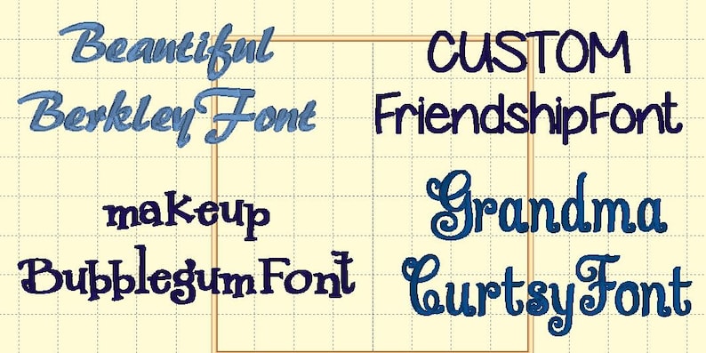 Może przedstawiać: Grafika przedstawiająca r&oacute;żne style czcionek z nazwami poszczeg&oacute;lnych czcionek. Czcionki to "Beautiful Berkeley Font", "Bubblegum Font", "CUSTOM FriendshipFont", "Grandma Curtsy Font" i "makeup".
