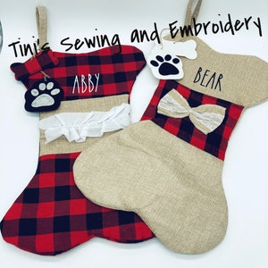 personalized Christmas Stocking, Red Plaid and Burlap Pet Stocking, Dog Stocking, Cat Stocking, Christmas fur friend Stocking