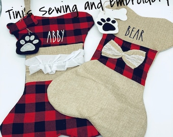 personalized Christmas Stocking, Red Plaid and Burlap Pet Stocking, Dog Stocking, Cat Stocking, Christmas fur friend Stocking