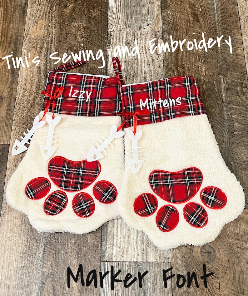 personalized embroidered Cat Sherpa Christmas Paw Stocking Marker Font