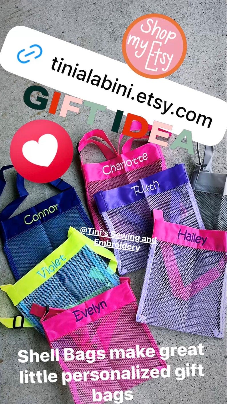 May include: Colorful mesh shell bags with personalized names embroidered on them. The bags have different colored trim and handles. The image includes the text "GIFT IDEA" and "Shell Bags make great little personalized gift bags."