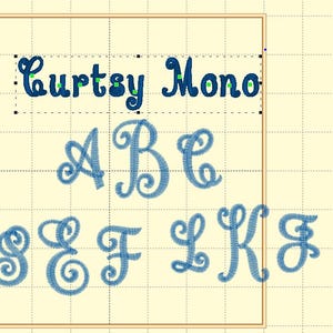 May include: A blue embroidery font set called "Curtsy Mono" with the letters A, B, C, S, E, F, L, K, and G.