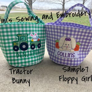 Easter Bunny Tractor Basket Egg Hunt Candy Gift Bucket Plaid Bucket Candy Bag 7 Plaid colors custom personalized embroidery