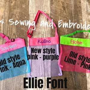 May include: Three mesh tote bags with shoulder straps. The bags are pink, purple, and lime green, each with a different name embroidered on the top. The text "Old style Pink - Aqua", "New style pink - purple", and "Old style Lime - Pink" are printed on the bags.