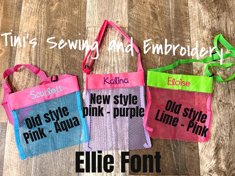 May include: Three mesh tote bags with shoulder straps. The bags are pink, purple, and lime green, each with a different name embroidered on the top. The text "Old style Pink - Aqua", "New style pink - purple", and "Old style Lime - Pink" are printed on the bags.
