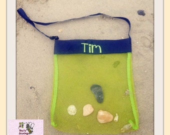 Personalized Shell Bag, Seashell Tote, Beach Bag Navy Lime Color, Mesh Beach Bag, Shell Bags, Mesh Bag, Toy Bag ~~Ready to Ship~~