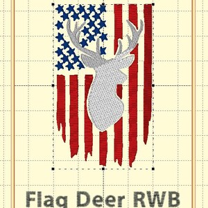 May include: A distressed American flag design with a white deer silhouette in the center. The flag is red, white, and blue with a distressed look. The text "Flag Deer RWB" is below the image.
