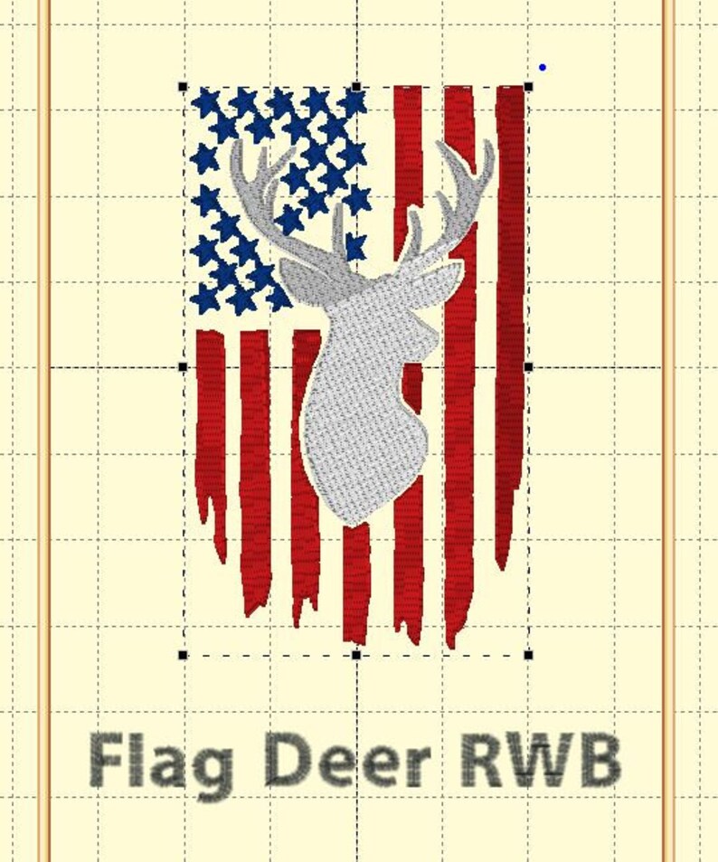 May include: A distressed American flag design with a white deer silhouette in the center. The flag is red, white, and blue with a distressed look. The text "Flag Deer RWB" is below the image.