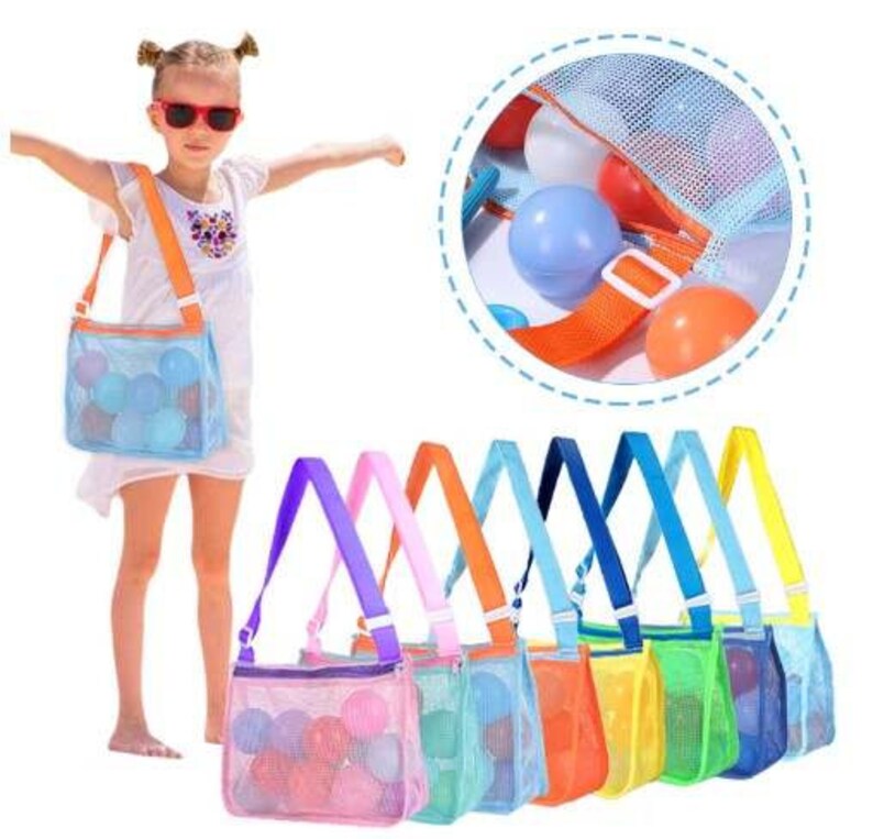 May include: Set of eight colourful mesh bags with adjustable straps. Each bag is filled with colourful balls and is perfect for carrying toys or other small items.