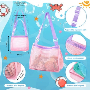 May include: Pink mesh beach bag with an adjustable strap, zipper closure, and a 7.9 inch by 9.4 inch main compartment. The bag has a 2.7 inch bottom that does not expand. The strap can be adjusted to a minimum length of 14.6 inches and a maximum length of 26.4 inches.