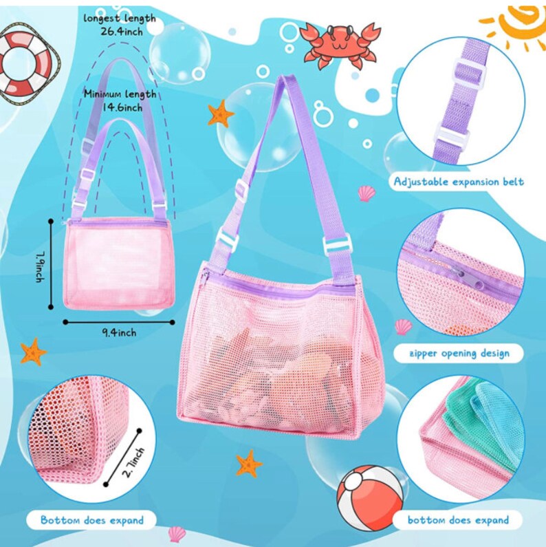 May include: Pink mesh beach bag with an adjustable strap, zipper closure, and a 7.9 inch by 9.4 inch main compartment. The bag has a 2.7 inch bottom that does not expand. The strap can be adjusted to a minimum length of 14.6 inches and a maximum length of 26.4 inches.