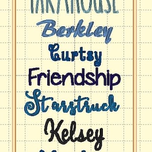May include: A framed image with the word "FARMHOUSE" in blue text at the top, followed by the names "Berkeley", "Courtsy", "Friendship", "Starstruck", "Kelsey", and "Marker" in various shades of blue and black.