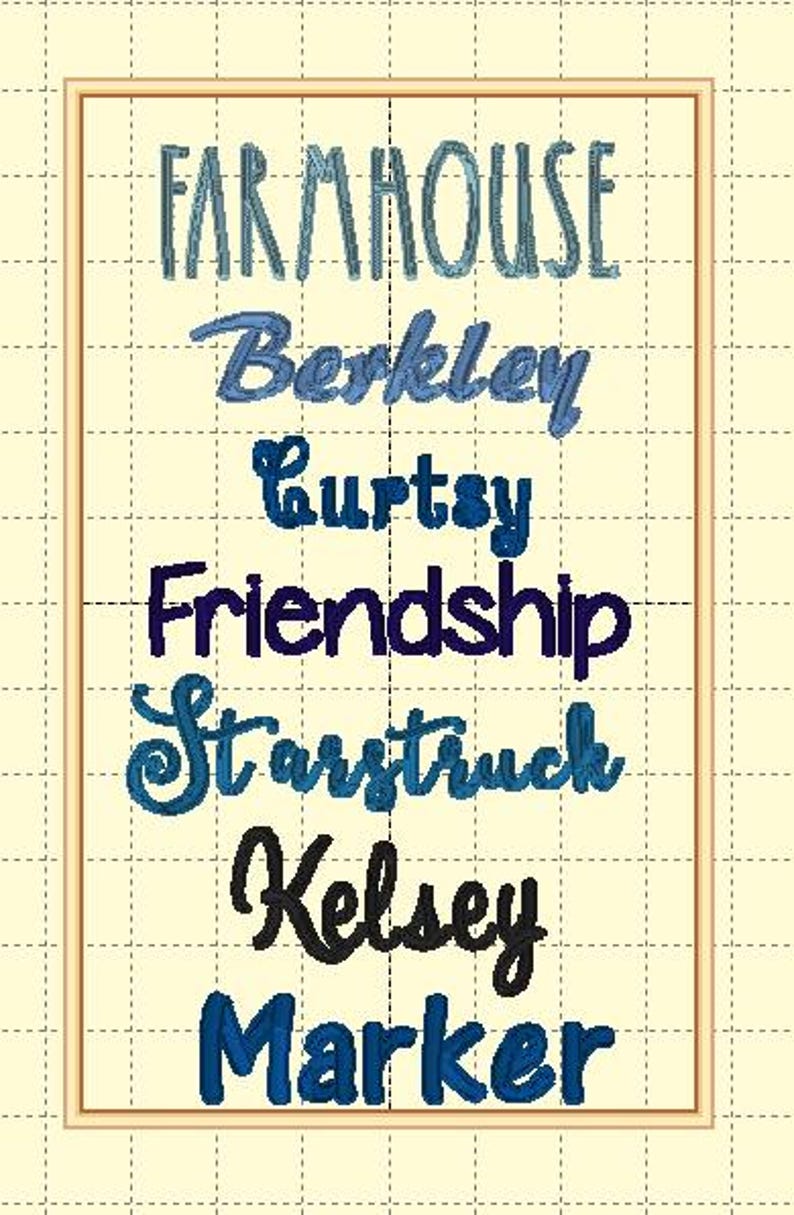 May include: A framed image with the word "FARMHOUSE" in blue text at the top, followed by the names "Berkeley", "Courtsy", "Friendship", "Starstruck", "Kelsey", and "Marker" in various shades of blue and black.
