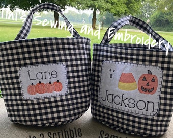 Halloween Basket, Black Plaid Bucket , Trick or Treat Bucket, Candy Bucket, personalized embroidered Gift Basket, Ready to personalize