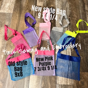 May include: A collection of mesh tote bags in various colors, including pink, purple, blue, and gray. The bags have fabric tops and straps. Text on the bags reads "New style Bag 9 x 8 1/4", "Old style Bag 9x8", and "New Pink Purple 7 3/4x 9 1/4".
