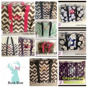 May include: A collage of images showcasing various personalized tote bags with different designs and embroidery. The bags feature a variety of patterns, including chevron, camouflage, and floral. The embroidery includes names, initials, and phrases like "Heart w Hat M - Cursty Mono", "Sunday Script", "X-RAY TECH", and "Elegant Scroll Single Letter".