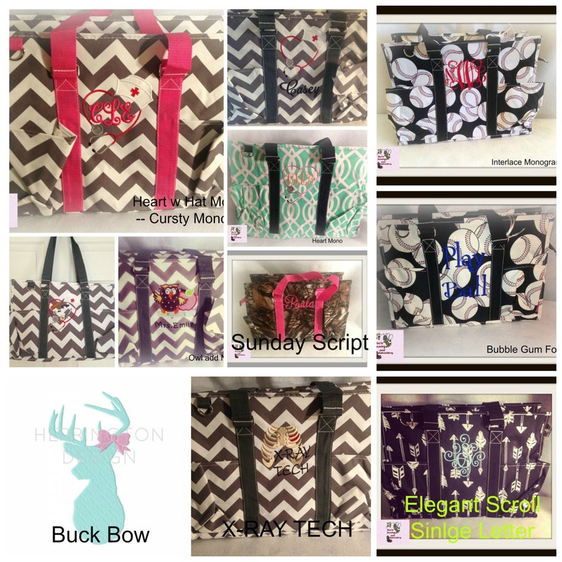 May include: A collage of images showcasing various personalized tote bags with different designs and embroidery. The bags feature a variety of patterns, including chevron, camouflage, and floral. The embroidery includes names, initials, and phrases like "Heart w Hat M - Cursty Mono", "Sunday Script", "X-RAY TECH", and "Elegant Scroll Single Letter".