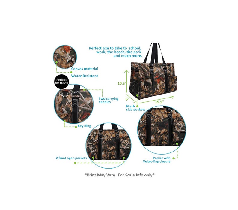 May include: A large, camouflage-patterned tote bag with two carrying handles, a key ring, two front open pockets, and a pocket with a Velcro flap closure. The bag measures 10.5 inches tall, 15.5 inches wide, and 6 inches deep. The bag is made of water-resistant canvas material.