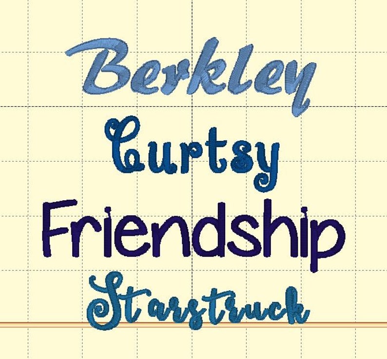 May include: A blue and white image with the words "Berkeley", "Courtsy", "Friendship", and "Starstruck" written in a decorative font.