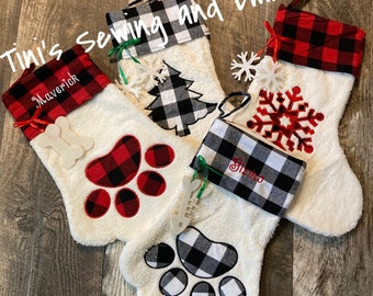 Personalized Pet Christmas Stocking: Sherpa Fleece Red or White Plaid Print