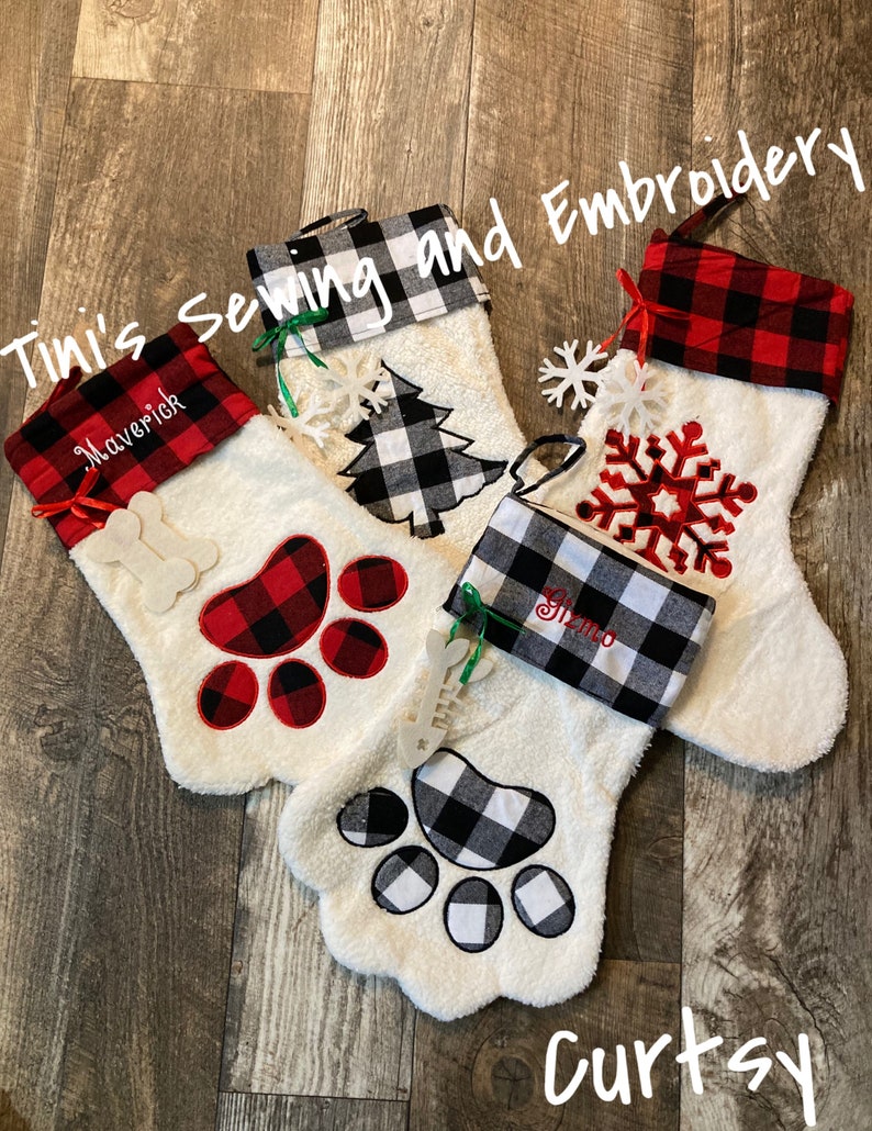 personalized Pet Christmas Stocking, Sherpa Fleece Plaid Pet Stocking, Dog Stocking, Cat Stocking, Christmas fur friend Stocking image 1