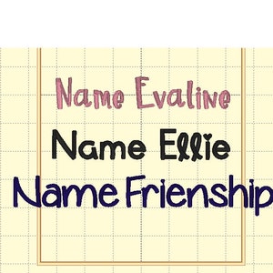 May include: A yellow grid background with a white rectangle. The rectangle contains the text "Name Evaline" in pink, "Name Ellie" in black, and "Name Friendship" in dark blue.