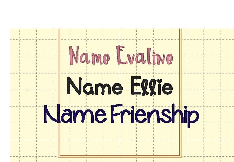 May include: A yellow grid background with a white rectangle. The rectangle contains the text "Name Evaline" in pink, "Name Ellie" in black, and "Name Friendship" in dark blue.