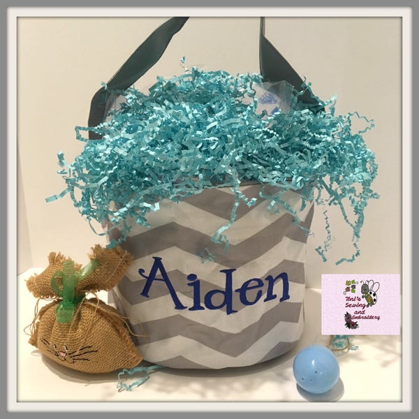 Gray Color Chevron  personalized Basket , Trick or Treat Chevron Bucket , Candy Halloween Basket, Beach Bag, Toy Basket  Ready to Ship