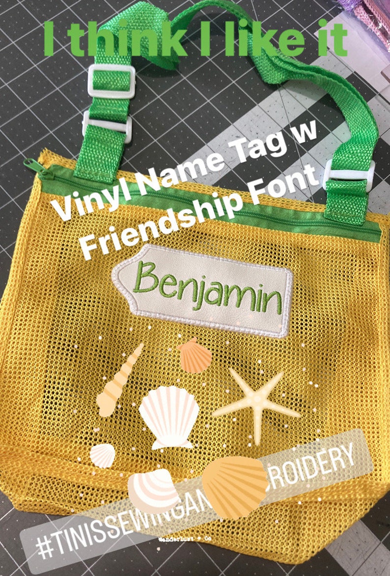 May include: A yellow mesh bag with a green zipper and green straps. The bag has a white vinyl name tag with the text "Benjamin" in a green font. The bag also has a white starfish and seashells printed on it. The text "#TINISSEWINGAN" and "Vinyl Name Tag w Friendship Font" are visible on the bag.