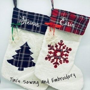 Personalized Christmas Stocking, Sherpa Fleece Stocking, Tree - Snowflake Stocking, Christmas Plaid Stocking