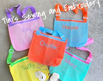 Seashell Collecting Mesh Bag for Kids zippered MESH Shell Bag in 11 Vibrant Colors- Custom Name Embroidery Option