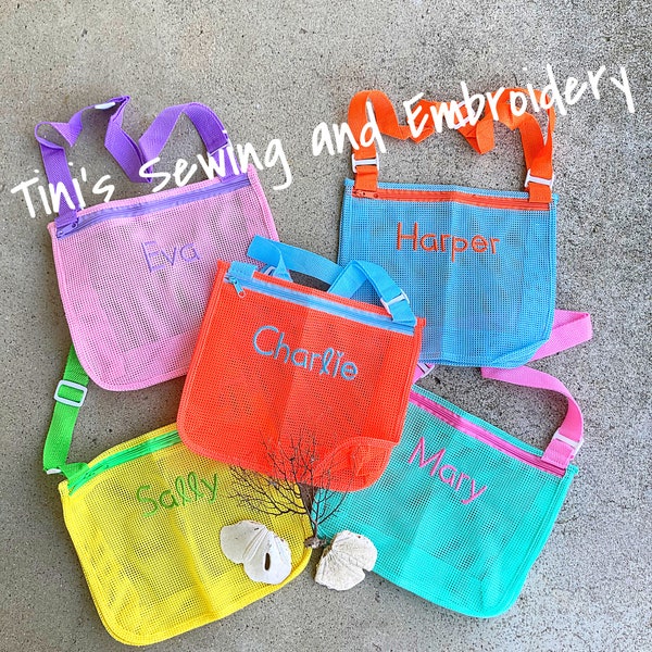 Kid Size Personalized zippered Shell Bag, Seashell Mesh Bag, 6 colors available, Mesh Bag, Shell Mesh Bag, ~~ Ready to personalize
