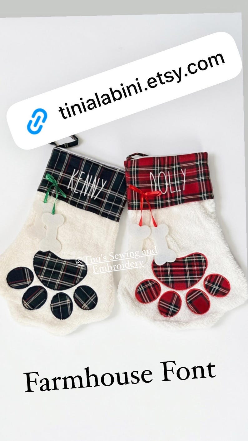 personalized embroidered Dog Sherpa Paw Christmas Stocking Farmhouse Font