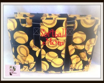 Softball Print Organizer,  LARGE Organizer Tote Bag  perfect every Day Tote , Soft Ball Mom Tote , Ball Field Bag