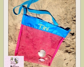 Personalized Shell Bag, Seashell Tote, Beach Bag SkyBlue Pink Color Mesh Beach Bag, Shell Bags, Mesh Bag, Toy Bag ~~Ready to Ship~~