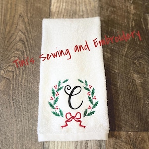 Christmas Wreath Hand Towel: Custom embroidered Initial Cotton Bath Decor