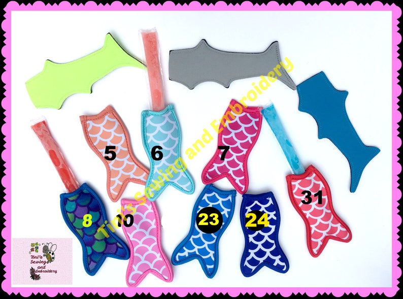 May include: Assortment of ten mermaid tail popsicle holders in various colors, including pink, blue, green, and orange. The holders are made of fabric with a scale pattern and have numbers on them.