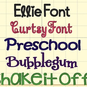 May include: A grid background displays examples of embroidery fonts. The fonts include "Ellie Font" in black, "Curtsy Font" in pink, "Preschool" in dark blue, "Bubblegum" in purple, and "Shake it Off" in green.