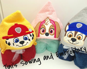 Police, Firefighter, Construction or Helicopter Pup Hooded Bath towel, Beach Cover Up, Bath Towel