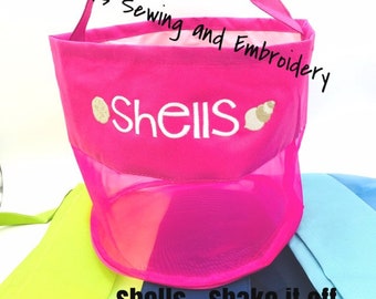 Personalized Shell Bucket, Seashell Mesh Bucket, Beach Bucket, 8 colors available, Children Mesh Beach Bucket, Shell Bags, Mesh Bag, Toy Bag