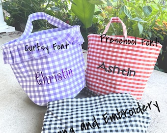 Personalized Ruffle Plaid Basket, Children's Holiday Fabric Gift Bucket, Reusable Keepsake Candy Bag -8 colors and Fonts