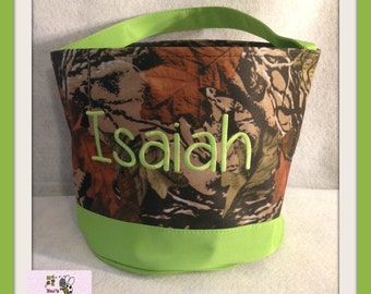 Lime Green Camo Bucket, Easter or Halloween Basket , Trick or Treat, Toy Bag, Boy Bucket, Beach Bag, Ready to personalize