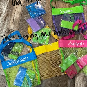 May include: Mesh bags in various colors, including green, blue, yellow, and pink, with personalized names in white. The bags have an "Old style Handle" and the text "Tini's Sewing and Embroidery" and "Preschool Font".