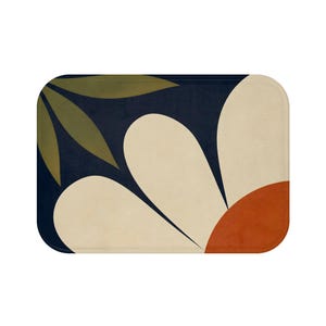 Mid Century Bath Mat, Navy Floral and Orange Sun, Dark Retro Bathroom Decor, 24x17 Memory Foam