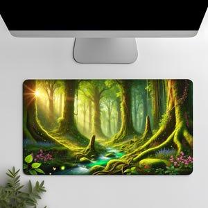 Fantasy Forest Desk Mat, Enchanted Mouse Pad, Magical Nature Gaming Accessories, Green Woodland Decor, Gift for Nature Lovers